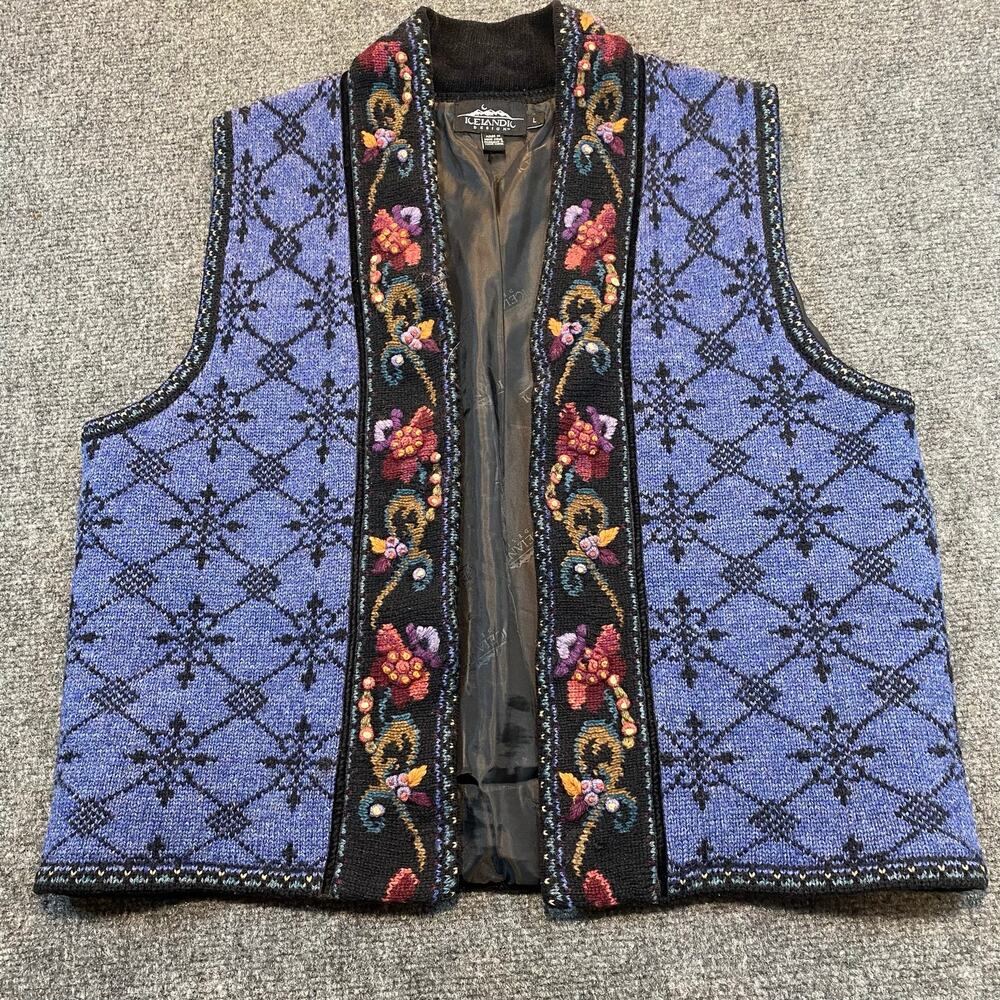 Vintage Icelandic Design Womens Medium Blue Wool Blend Floral Design Vest Jacket
